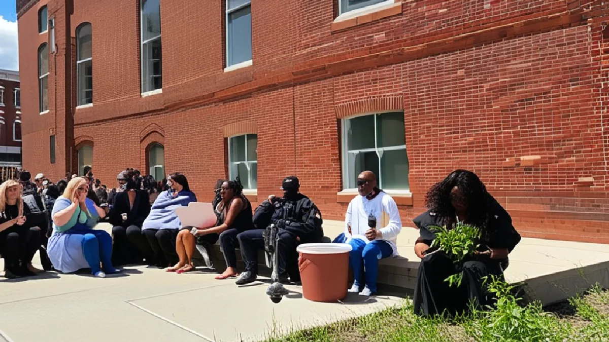 Diverse adults gather around music and a cannabis plant, symbolizing equity and community care in cannabis culture.
