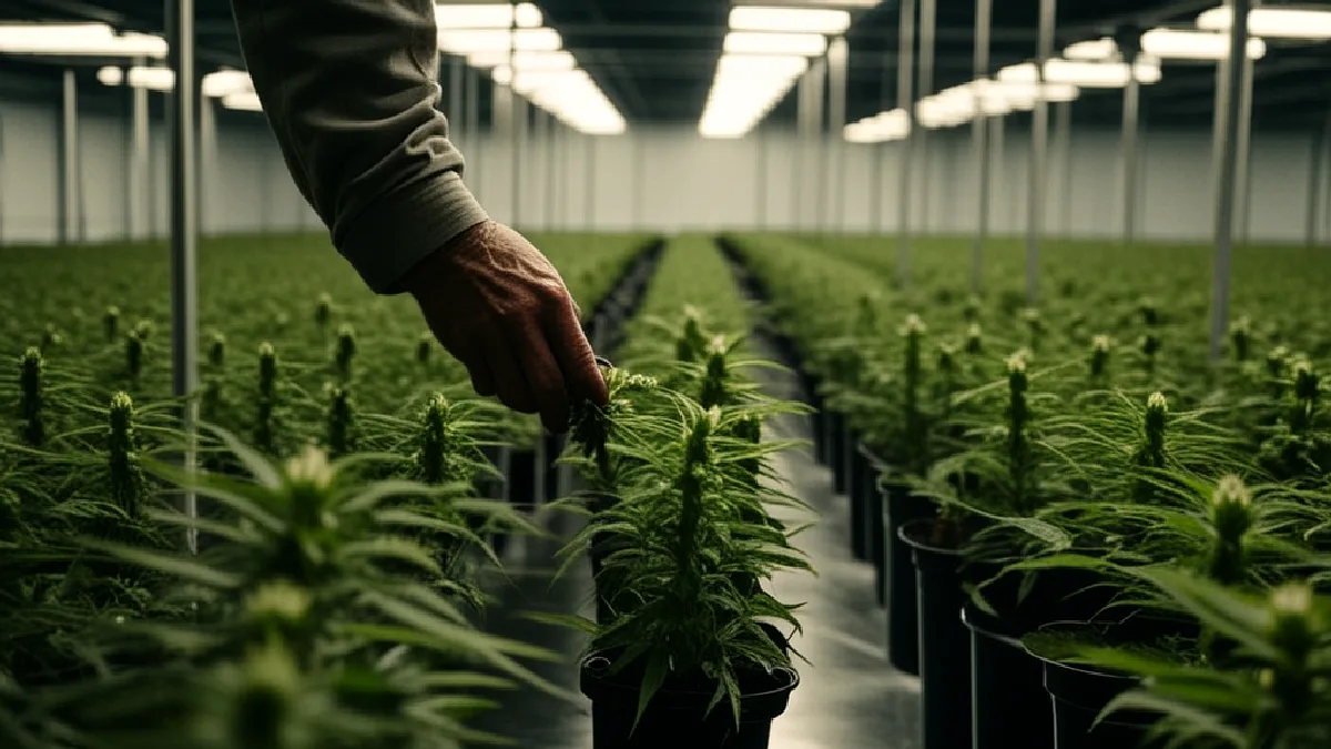 A gloved worker inspects flowering hemp plants in a controlled room amid Texas regulatory concerns.