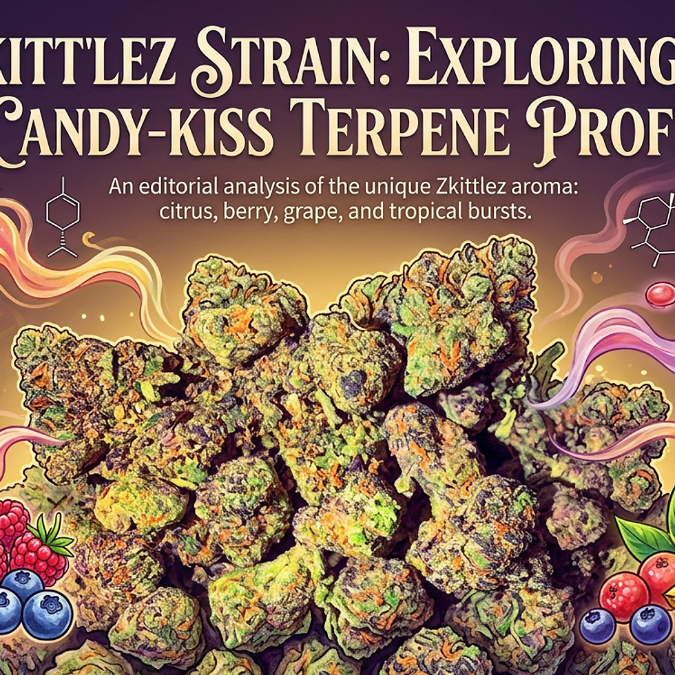 Artistieke illustratie van het terpenenprofiel van Zkittlez – citrus, bessen, tropisch fruit en cannabisbloem