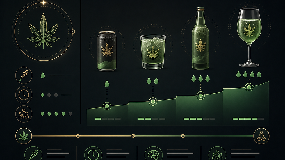Abstract infographic illustrating start low go slow dosing guidance for THC cannabis beverages