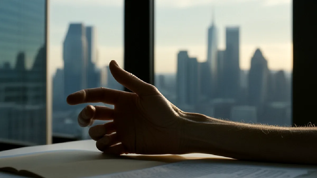 modern office interior at dusk with city skyline beyond the glass, illustrating scientific evidence and research findings