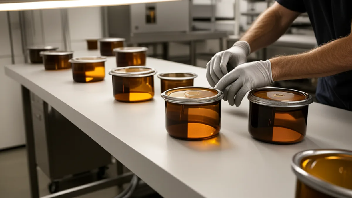Gloved hands inspect unlabelled CBD containers in a controlled fulfillment room amid shifting compliance demands.