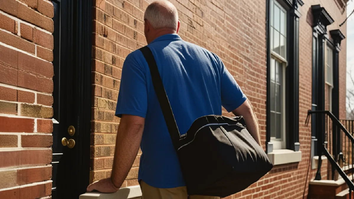 A delivery courier approaching a residential entrance with a secure locked bag, representing regional delivery regulations across DC, Maryland, and Virginia.