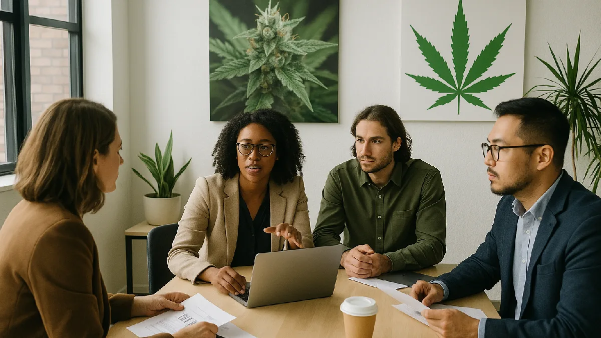 Entrepreneurs collaborating in a modern office setting, representing business opportunities in the cannabis industry in the DMV area.