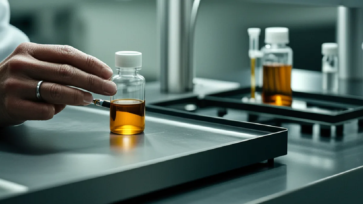 Gloved hands handle cannabis beverage samples in a laboratory focused on product safety and dosing accuracy.