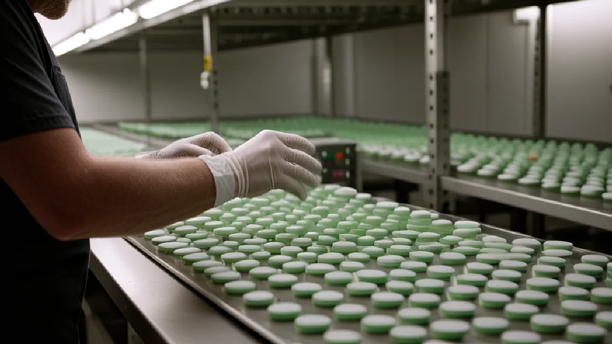 Gloved hands inspect unbranded tablets in a distribution room, evoking uncertain demand and slower inventory movement.