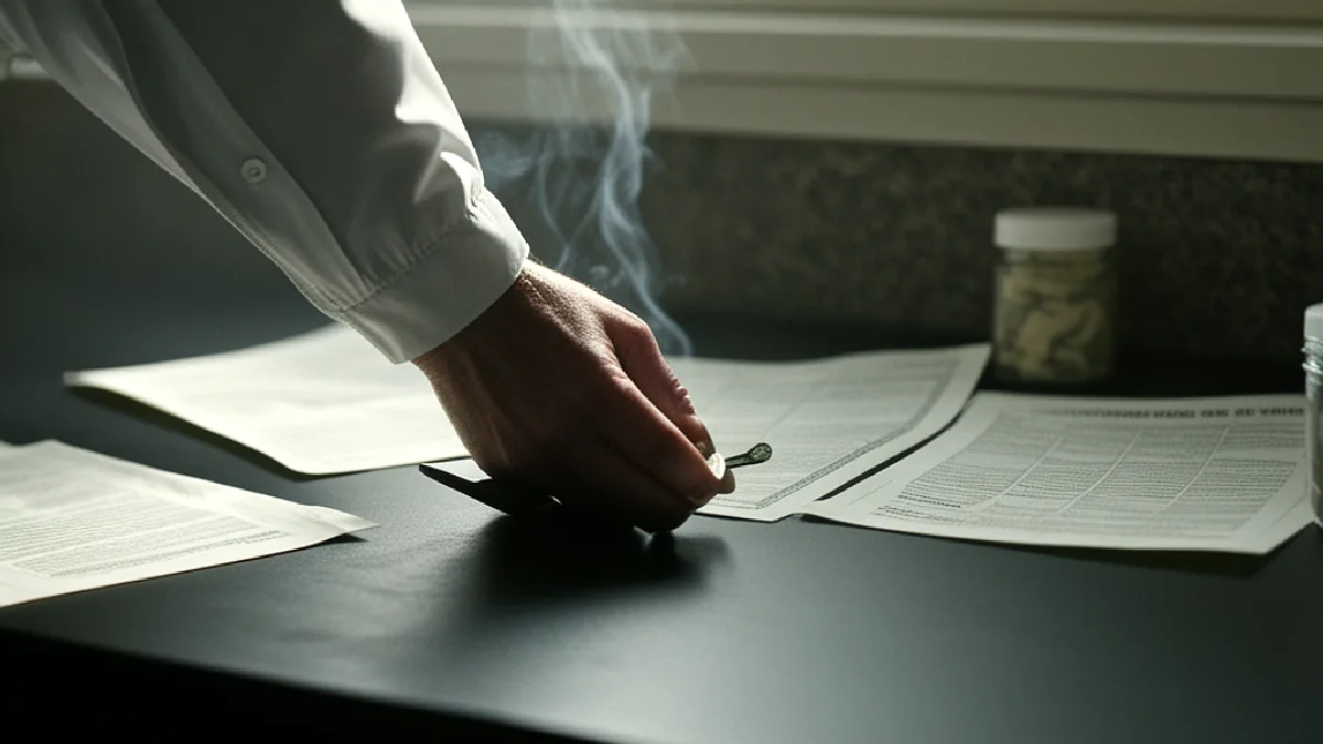 An unlabeled evidence vial rests beside a laboratory scale, evoking federal punishment tied to methamphetamine purity.