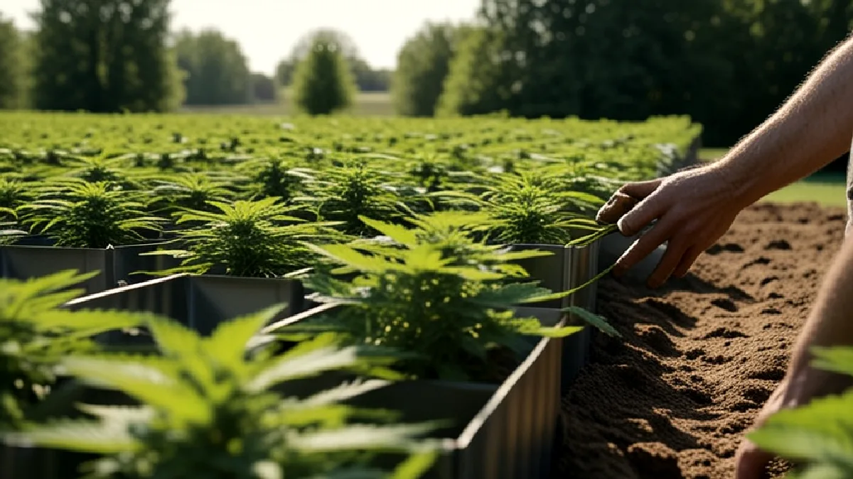 Gloved hands inspect young cannabis plants inside a secured Illinois outdoor cultivation plot.