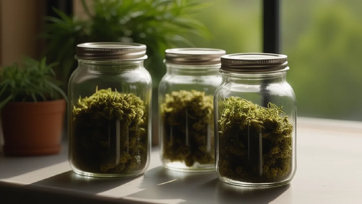 plain unlabelled glass jars of cannabis flower on a clean bench in Pennsylvania, illustrating scientific evidence and research findings
