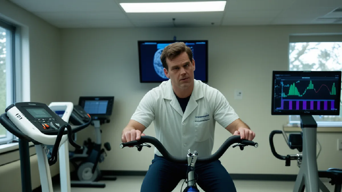 A stationary bicycle and monitoring sensors represent research into perceived effort and athletic performance.
