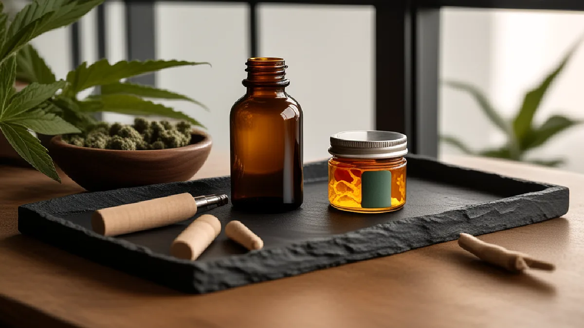 Formati di cannabis non etichettati disposti su un banco di preparazione illustrano la varietà dei prodotti terapeutici.