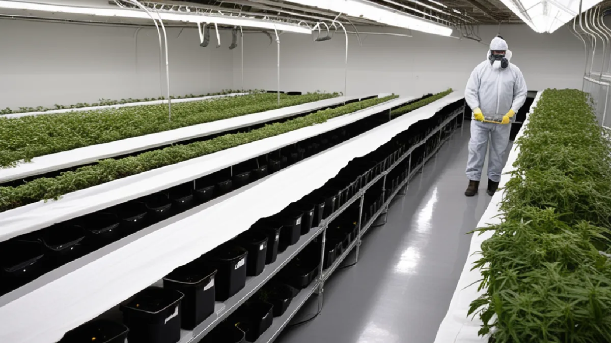 An empty cannabis cultivation aisle and unused protective equipment evoke occupational pesticide safety concerns.