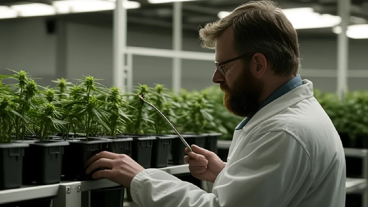 A worker inspects cannabis inventory in a secure facility, illustrating the operational differences delivery businesses face across states.