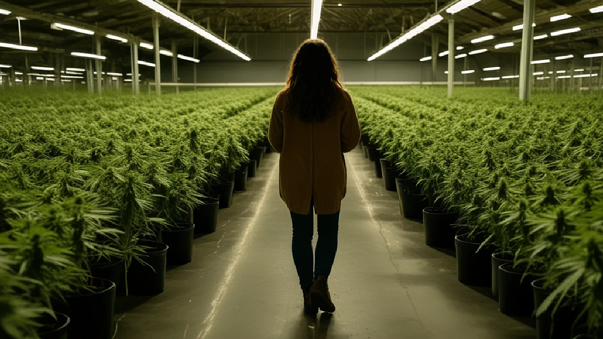 A rear-view figure surveys mature cannabis plants, symbolizing the choice Massachusetts voters face over legalization.