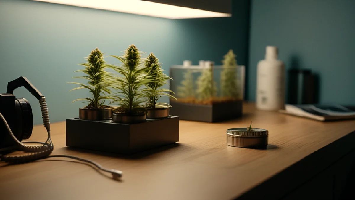 Hands inspect unlabeled cannabis products in a controlled workspace, evoking ongoing development and future discovery-tool updates.