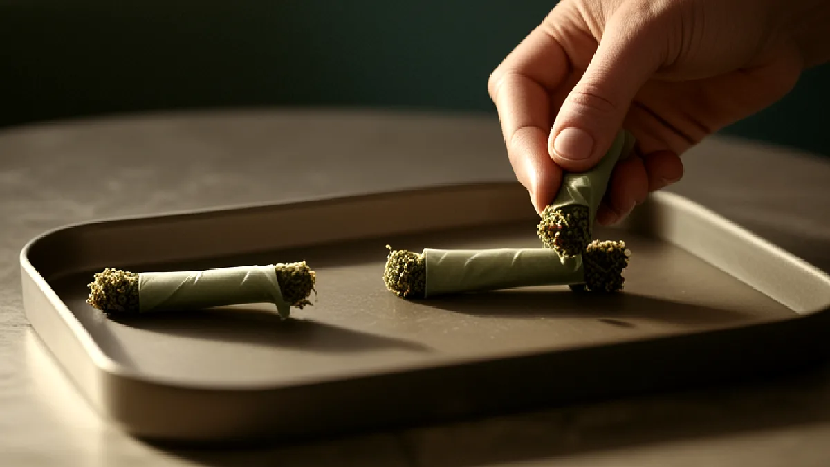 neatly aligned unbranded pre-rolls on a plain tray, no machinery, illustrating why is the cannabis industry rallying for jarred shaw in las vegas