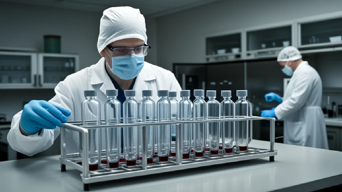 Unmarked laboratory vials symbolize unanswered questions about psilacetin absorption and formulation.