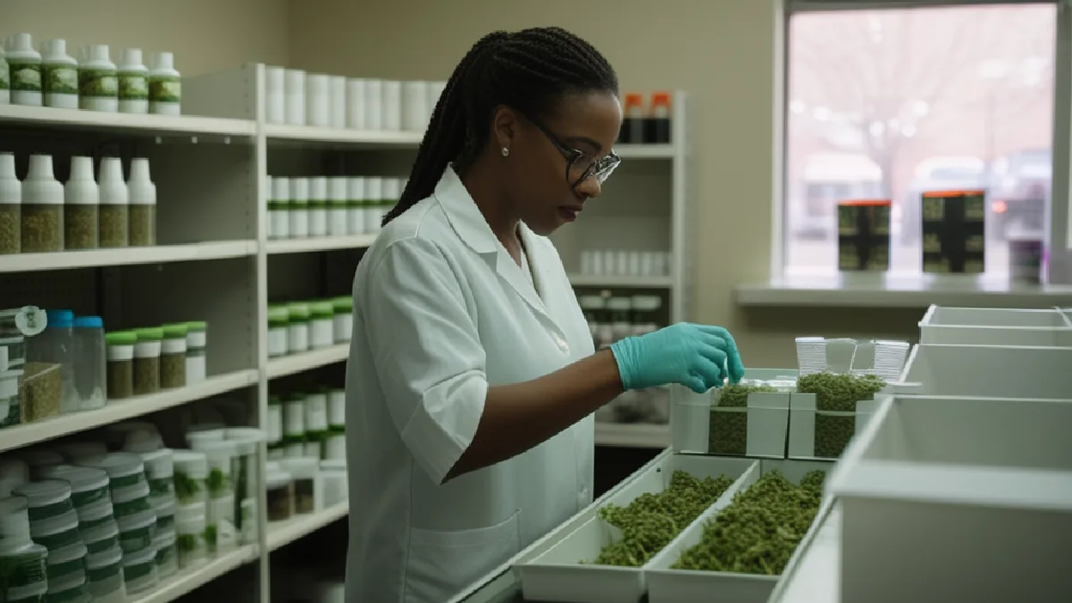Staff hands organize an unbranded cannabis order inside Parkway Dispensary, illustrating disciplined low-friction fulfillment.