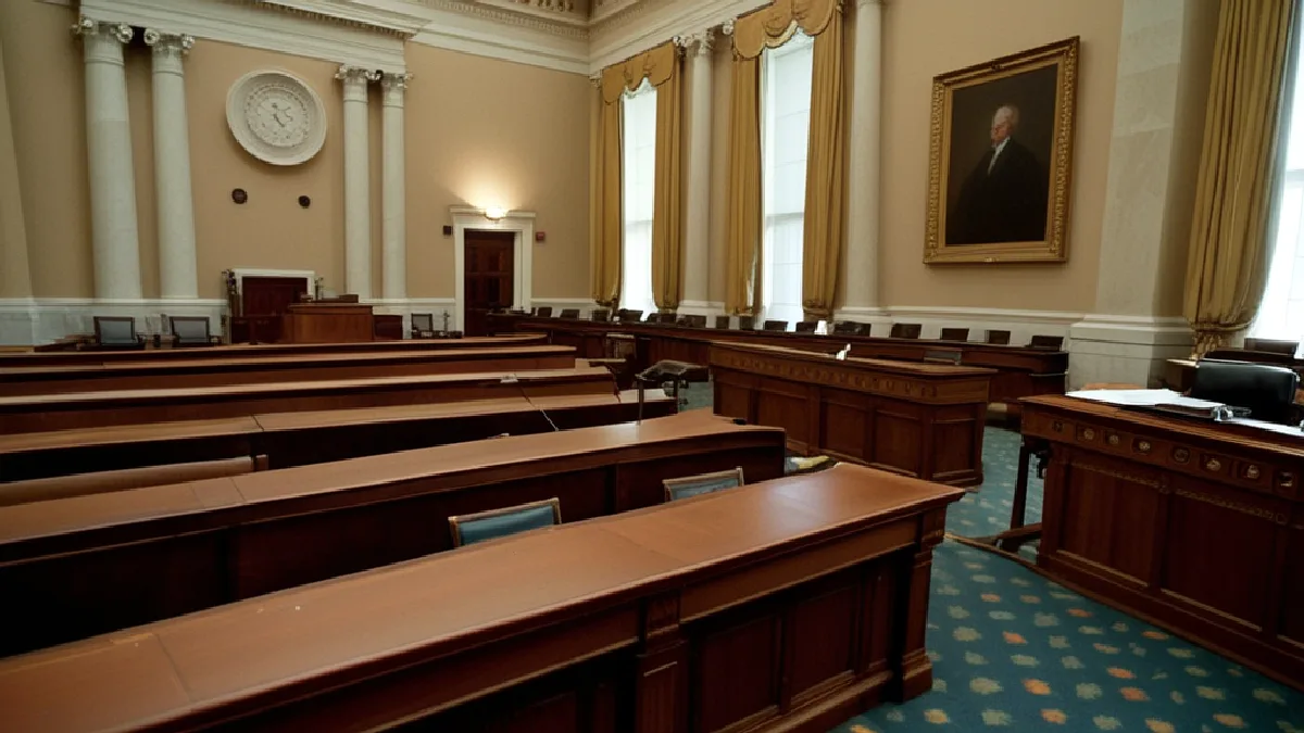 An unoccupied Pennsylvania legislative chamber evokes the absence of an enacted adult-use marijuana program.