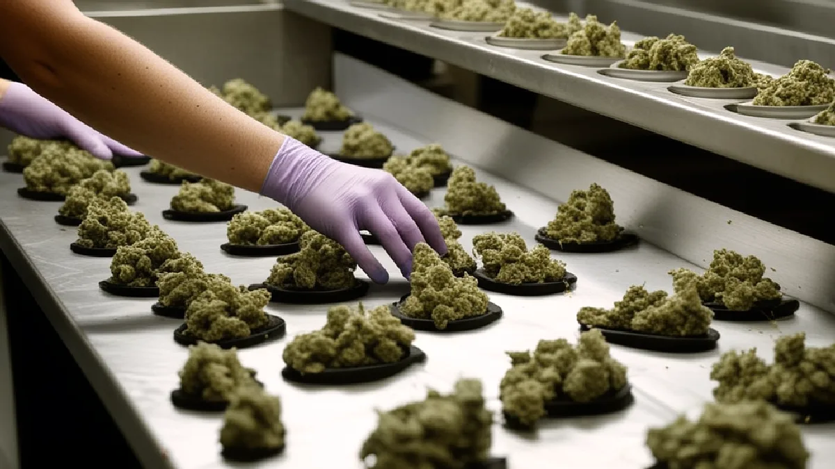 A worker organizes sealed cannabis containers in a secure staging area, illustrating compliance-focused delivery infrastructure.