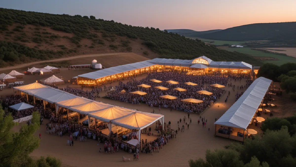 An outdoor festival stage and dispersed crowd represent the global psychedelic gathering landscape.