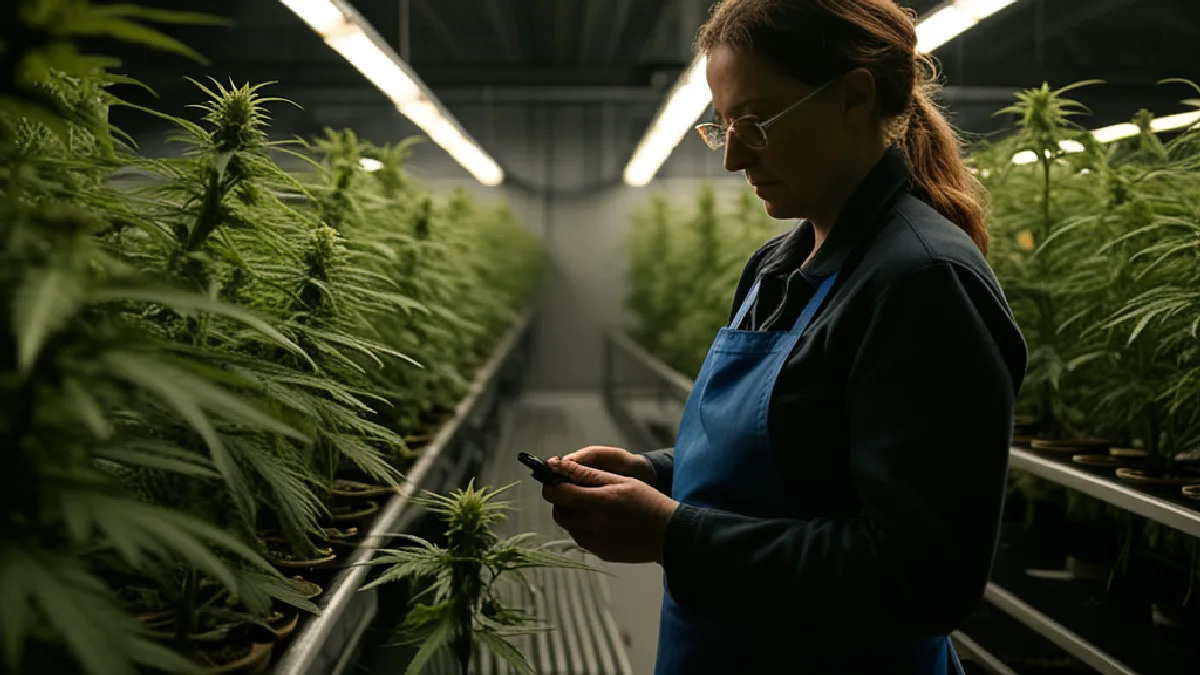 A worker inspects cannabis plants in a controlled facility, representing recurring audits and procedure updates.