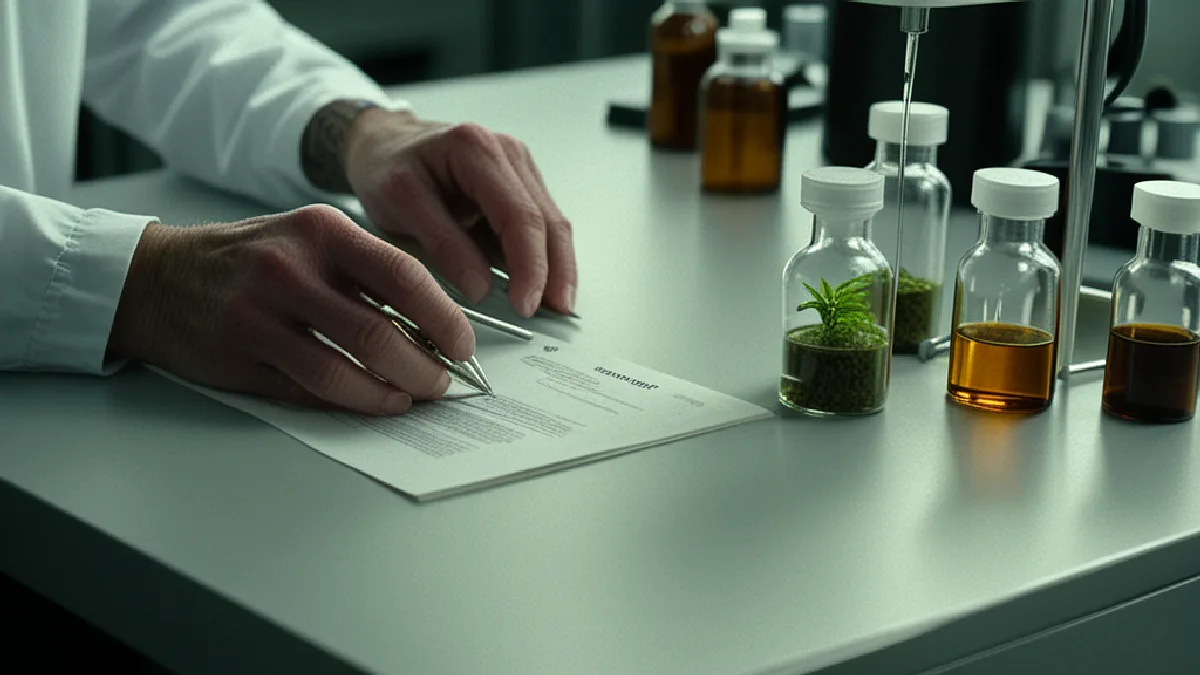 Unas manos enguantadas examinan material de cannabis en un laboratorio, lo que representa el potencial de una investigación ampliada bajo la Lista III.
