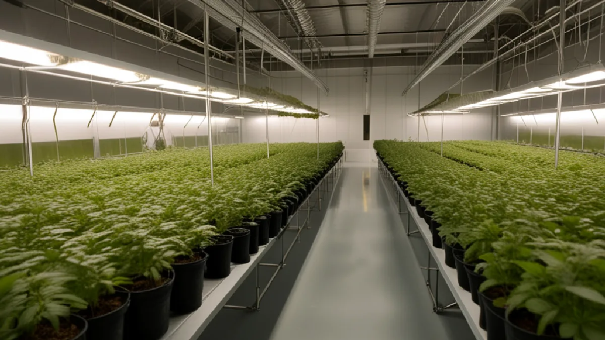 Un operario inspecciona las hileras de cannabis en flor bajo luces LED, lo que ilustra cómo el cultivo en interior permite espaciar los ciclos de cosecha.