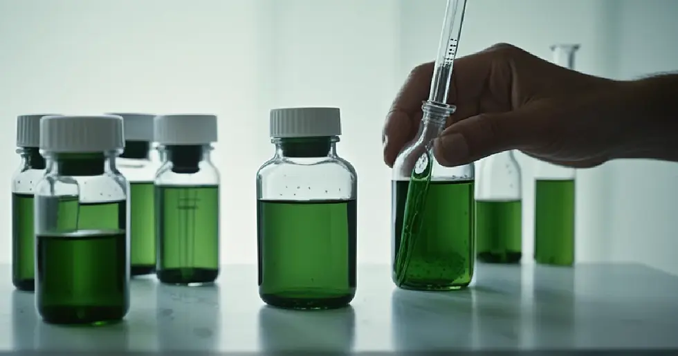 Gloved laboratory hands arrange unmarked vials, evoking late-stage research into an investigational anxiety treatment.