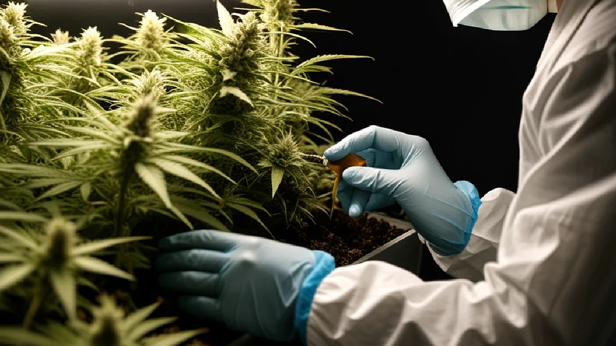 Gloved hands examine flowering medical cannabis plants, illustrating efforts toward consistent medical supply.