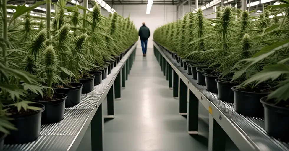Workers inspect flowering cannabis plants inside a Michigan cultivation facility after a product-integrity enforcement action.