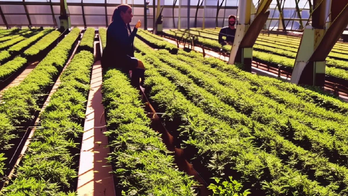 A California greenhouse worker tends cannabis plants, illustrating the state’s transition from activism to regulated access.