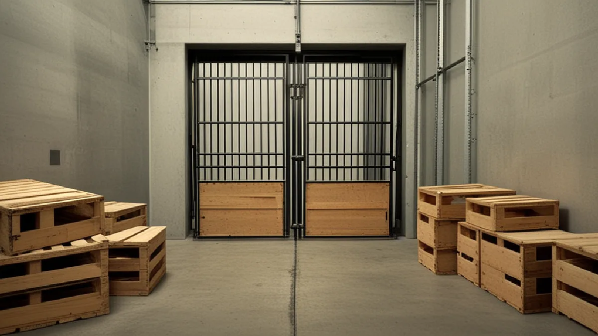 A half-closed steel gate separates orderly crates from an empty passage, suggesting alleged control over consumer supply.