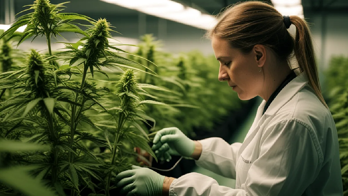 Gloved hands inspect flowering cannabis plants in a controlled facility amid ongoing federal policy uncertainty.