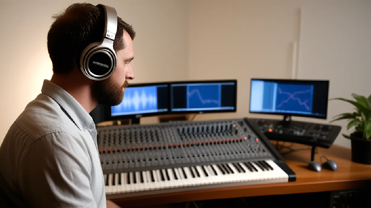 A faceless narrator works beside a microphone and cannabis plant, representing the project’s audiobook and historical storytelling.