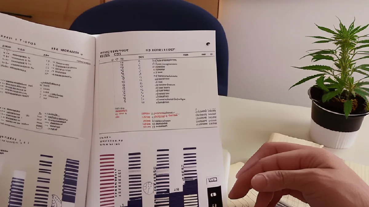 Hands compare share-price figures and balance-sheet documents while assessing a cannabis acquisition offer