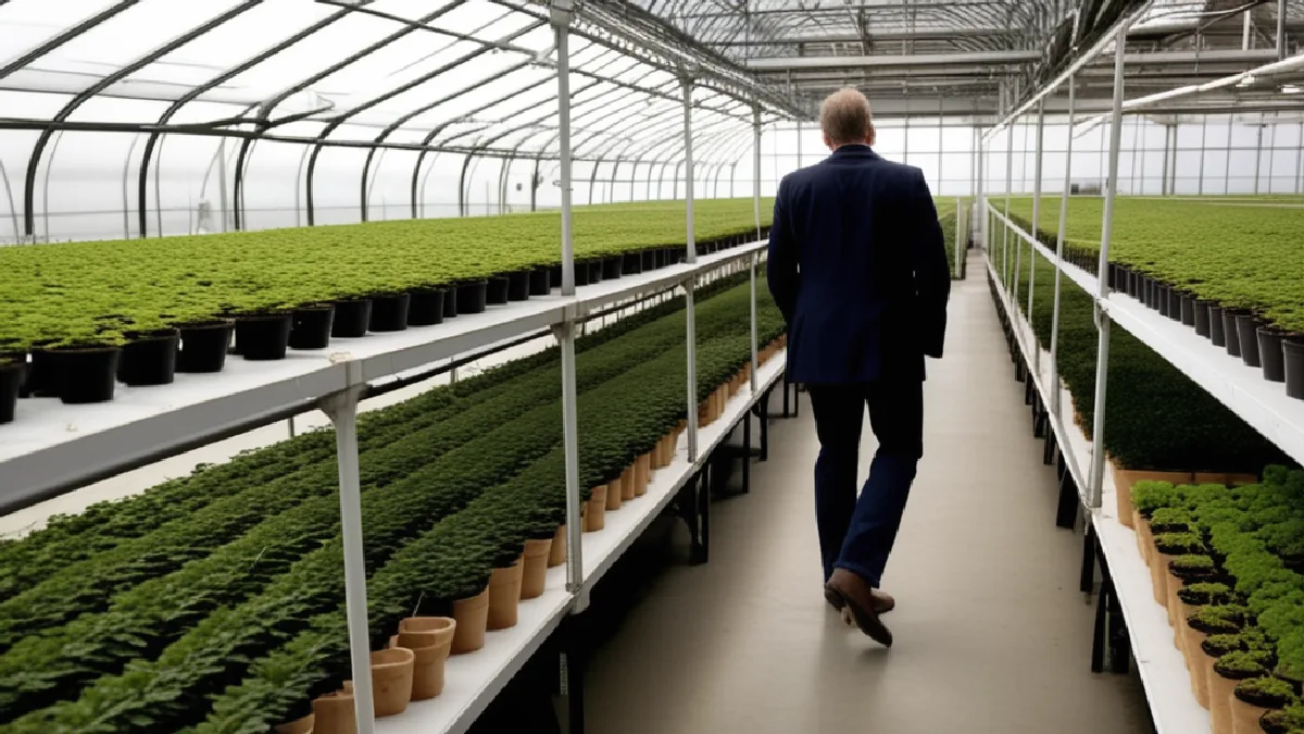 Orderly greenhouse rows represent the regulated cannabis markets shaped by different state tax and licensing systems.