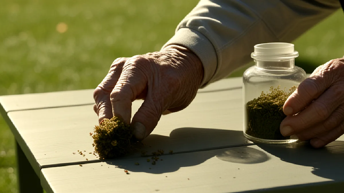 Gloved hands handle an unbranded cannabis sample during field research in a New York City park.