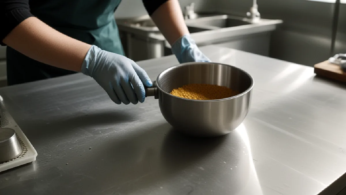 Manos enguantadas desinfectan equipos de producción de acero inoxidable, mostrando los procesos más limpios y documentados que se esperan bajo las normas de GMP.