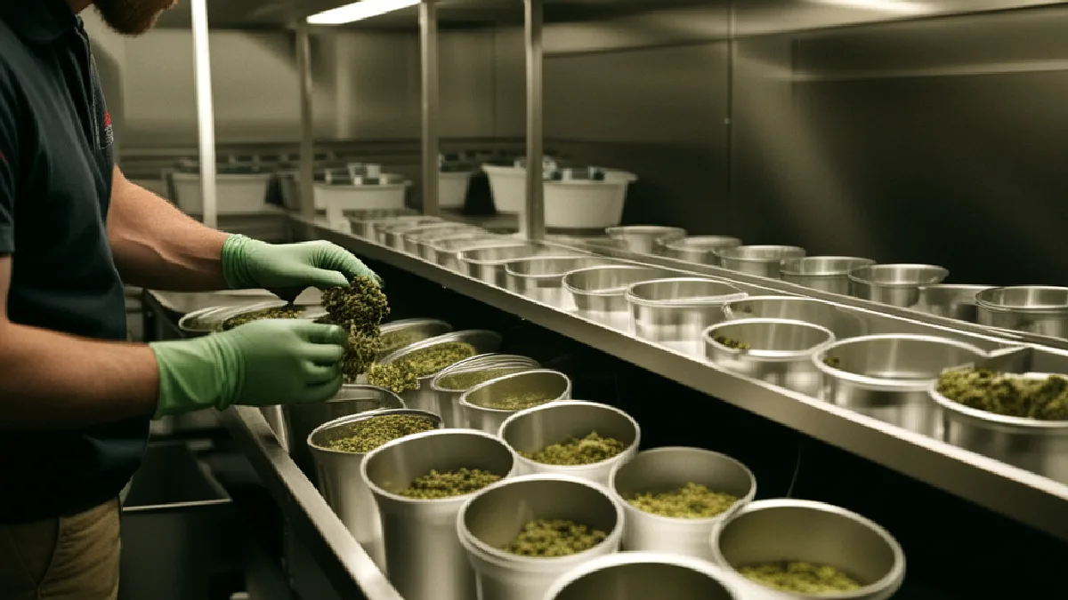 Gloved hands verify unmarked cannabis packages in a secure dispatch room, illustrating delivery compliance under federal prohibition.
