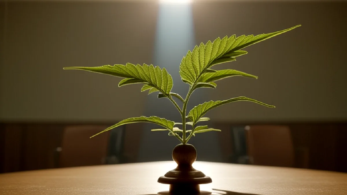 Faceless policy participants sit apart behind a wood dais as hemp flower symbolizes the advocacy dispute over legalization.