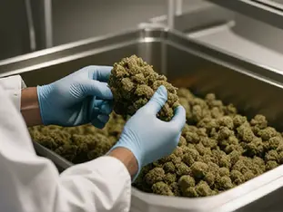 Gloved hands transfer a sealed cannabis package beside prepared flower in a controlled fulfillment room.