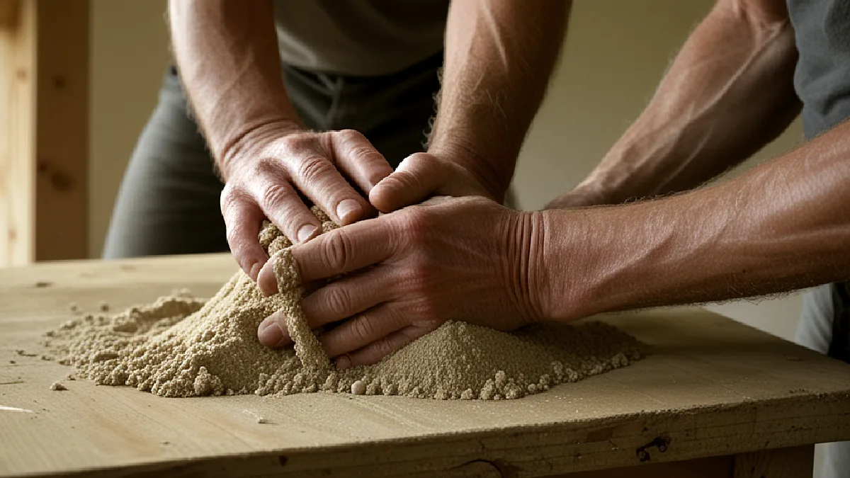 Unas manos enguantadas examinan hempcrete fresco junto a una estructura de madera durante un taller práctico en la costa.