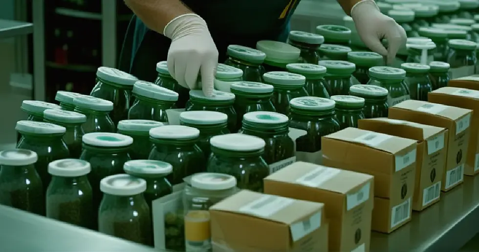Hands organize cannabis orders at a dispensary counter during an evening fulfillment shift.