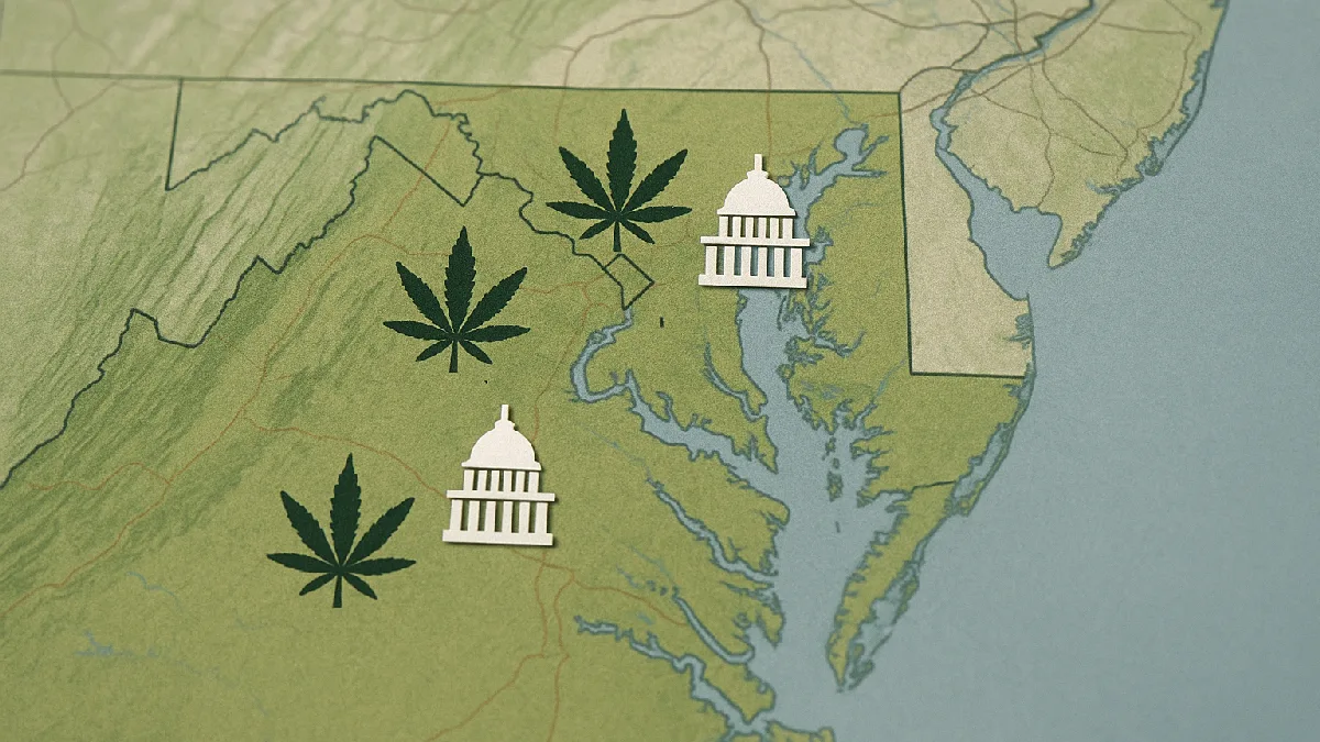 Carte de D.C., du Maryland et de Virginie avec des symboles indiquant les implications de la politique sur le chanvre dans la région.
