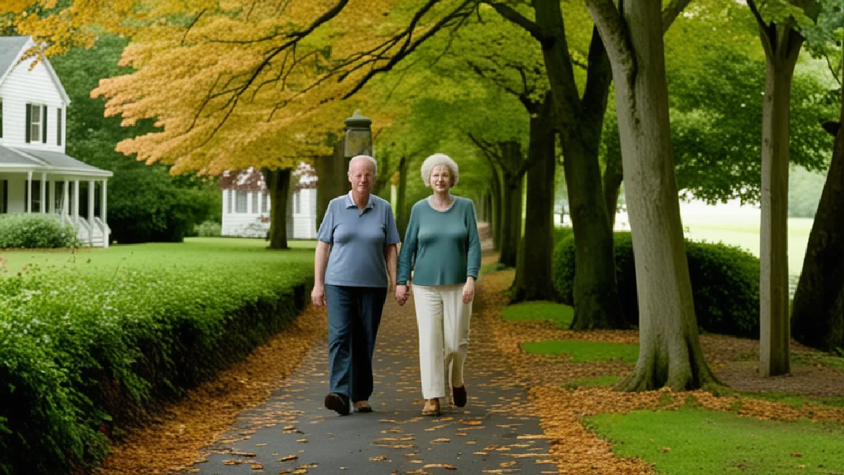 Two adults walk together on an accessible neighborhood path, evoking practical support for DMV families