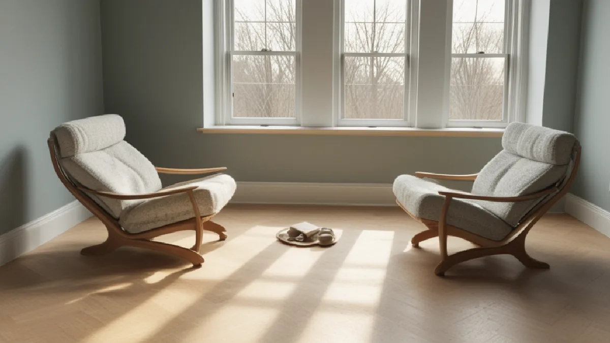 An empty counseling room with supportive objects represents cautious integration and post-experience care.