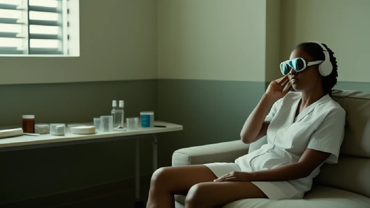 A controlled therapy room with eye shades and unlabeled oral doses represents the study’s blinded crossover sessions.