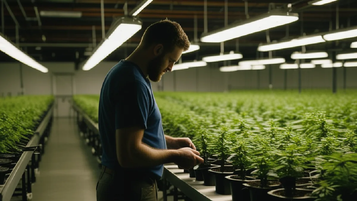 A man with a beard stands in profile while tending to potted green plants in an indoor cultivation facility under rows of overhead lights.