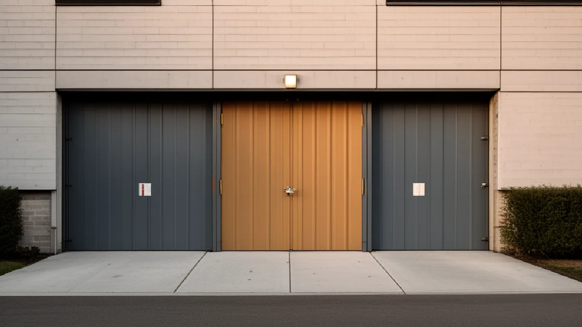 A tan double door sits flanked by two grey industrial doors at the base of a modern building wall.
